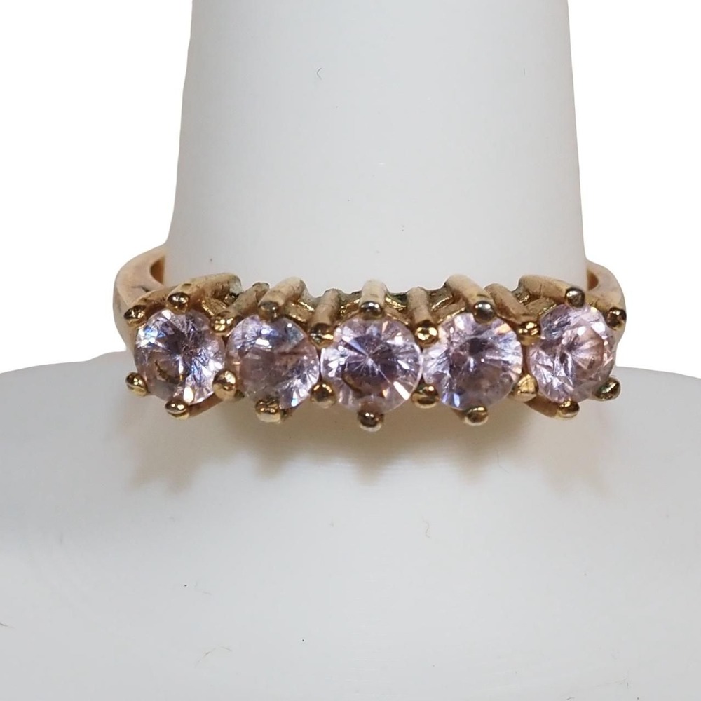 Vintage Pink Rhinestone 5 Stone Band Ring Gold Tone Size 10